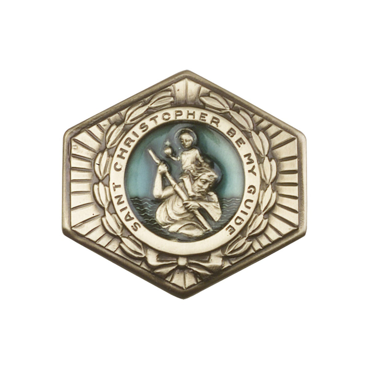 Antique Gold St. Christopher Visor Clip with Blue Epoxy Finish - 1022EVG