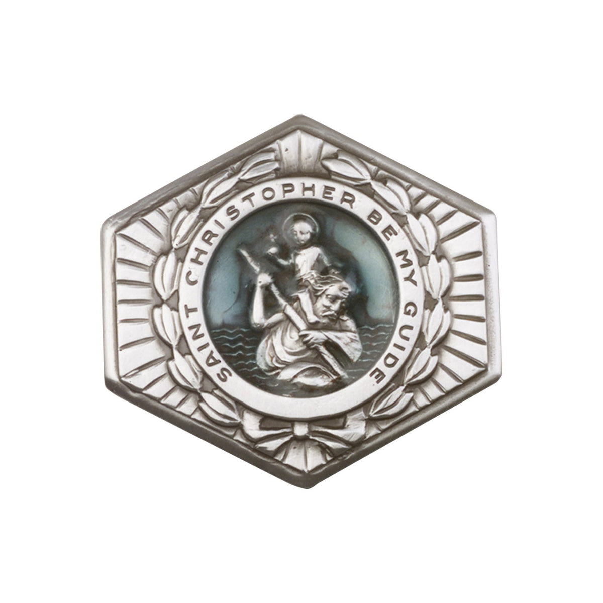 Antique Silver St. Christopher Visor Clip with Blue Epoxy Finish - 1022EV