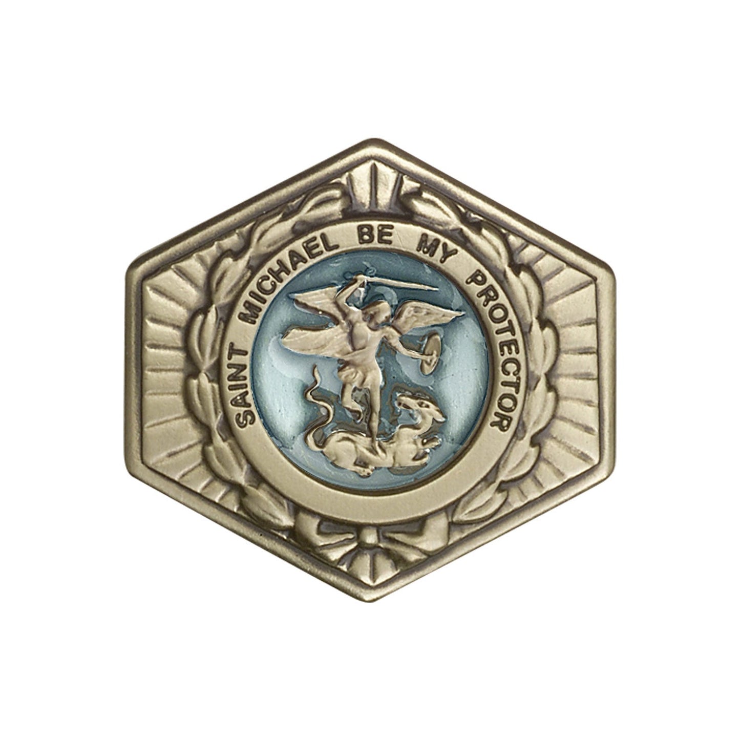 Antique Gold St. Michael the Archangel Visor Clip with Blue Epoxy Finish - 1023EVG