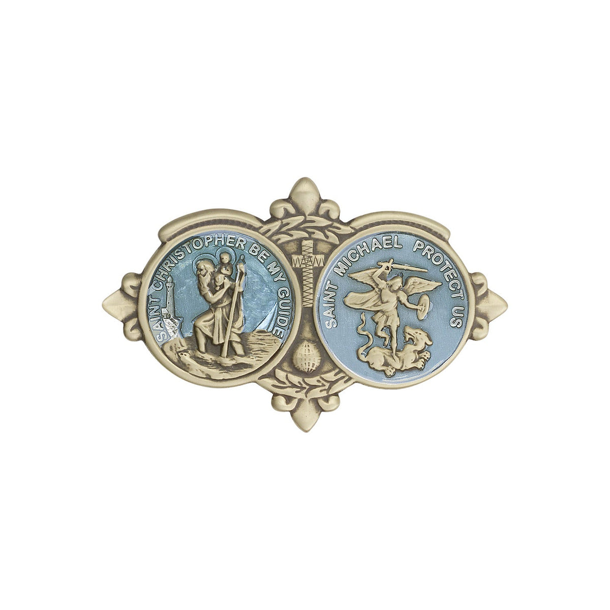 Antique Gold St Christopher / St Michael Visor Clip with Blue Epoxy Finish - 1034EVG