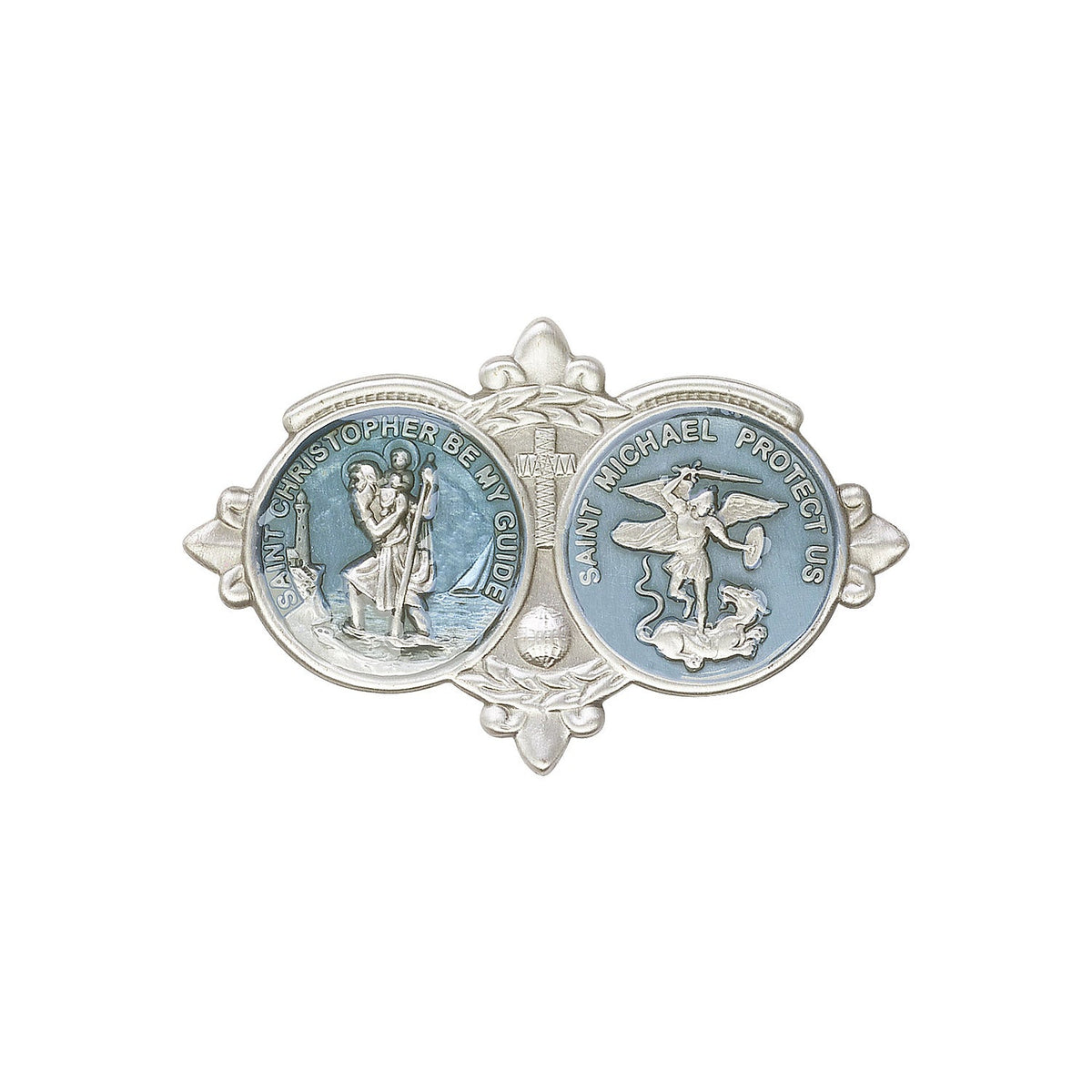 Antique Silver St Christopher / St Michael Visor Clip with Blue Epoxy Finish - 1034EV