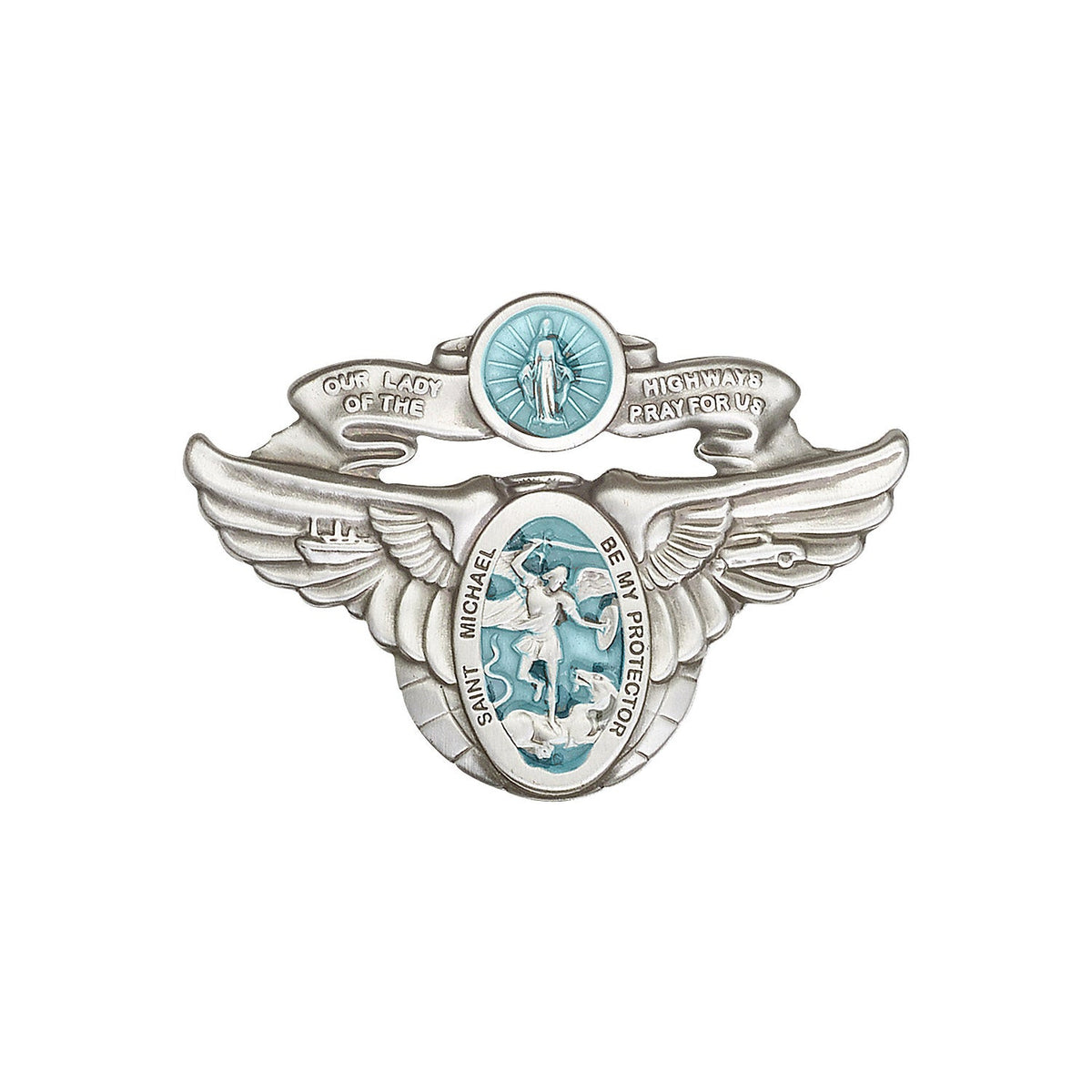 Antique Silver O/L of the Highway / St Michael Visor Clip with Blue Epoxy Finish - 1071EV