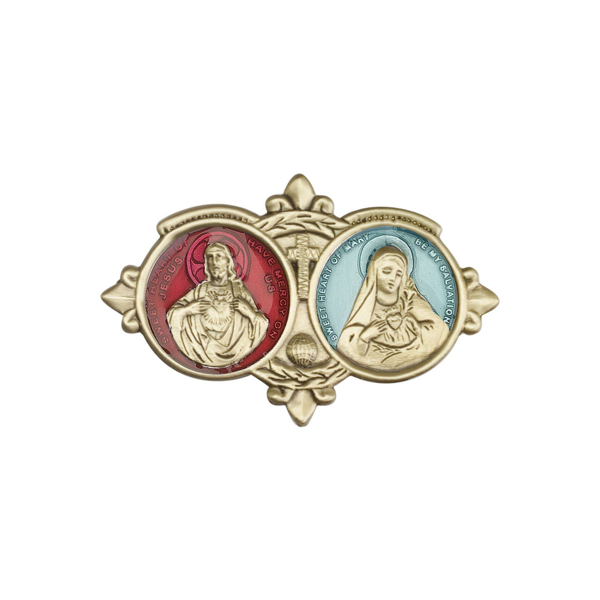 Antique Gold Jesus / Mary Visor Clip with Blue Epoxy Finish - 1096EVG