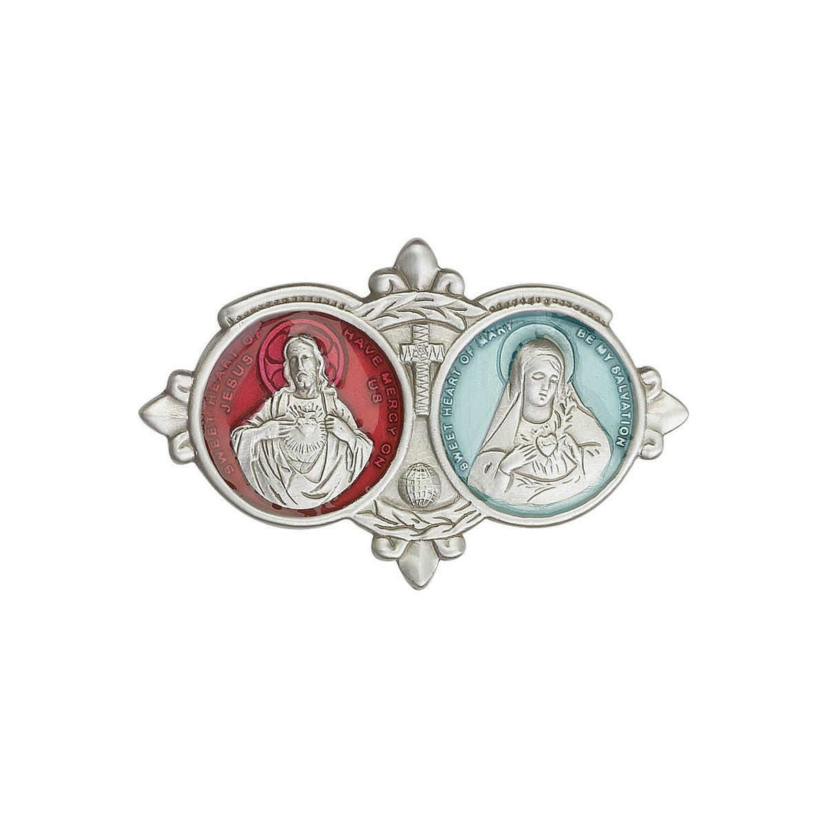 Antique Silver Jesus / Mary Visor Clip with Blue Epoxy Finish - 1096EV