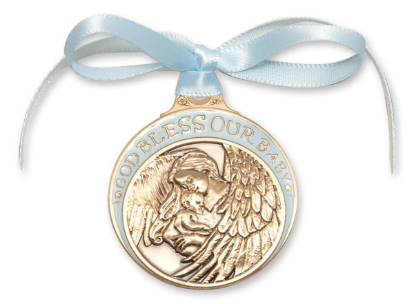 Gold Oxide Baby w/Angel Crib Medal with Blue Ribbon
