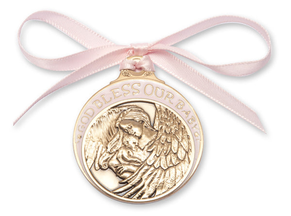 Gold Oxide Baby w/Angel Crib Medal with Pink Ribbon