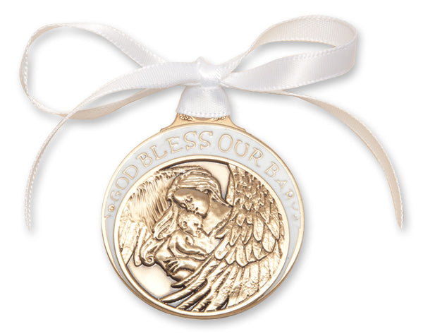 Gold Oxide Baby w/Angel Crib Medal with White Ribbon