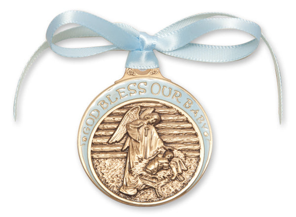Gold Oxide Baby in Manger Crib Medal with Blue Ribbon
