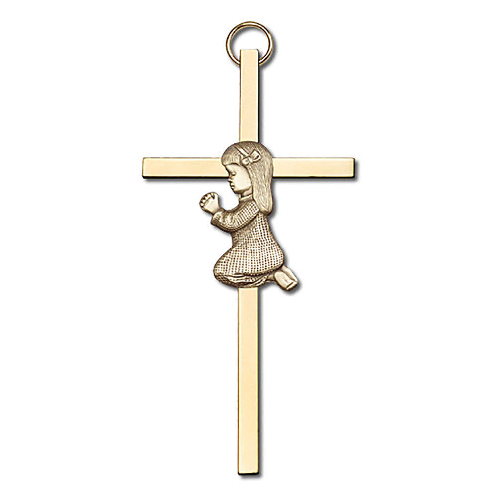 4 inch Antique Gold Praying Girl on a Polished Brass Cross - 4400G/G