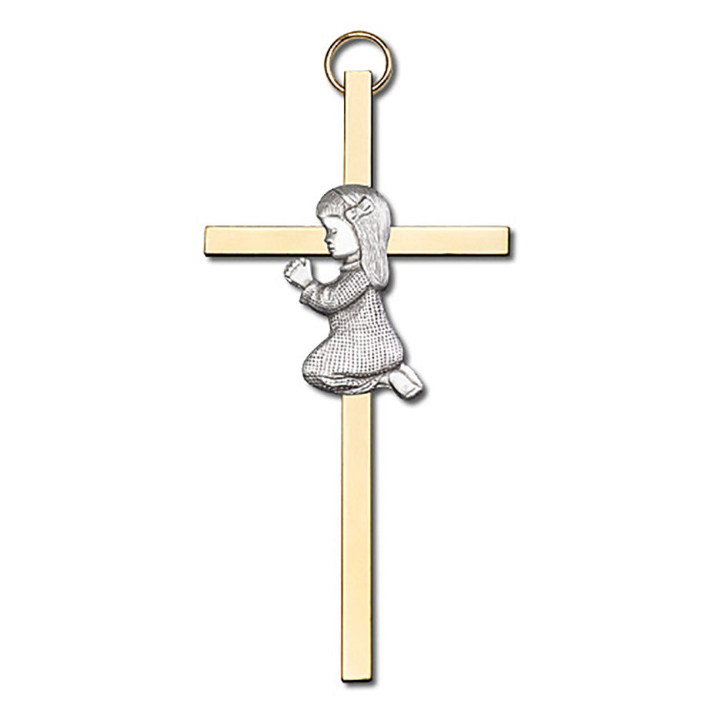 4 inch Antique Silver Praying Girl on a Polished Brass Cross - 4400S/G