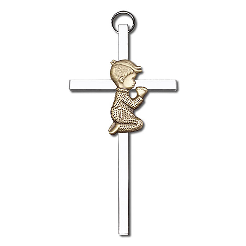 4 inch Antique Gold Praying Boy on a Polished Silver Finish Cross - 4410G/S