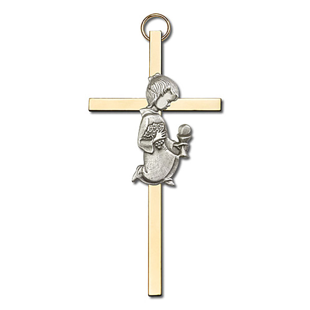 4 inch Antique Silver Communion Girl on a Polished Brass Cross - 4420S/G