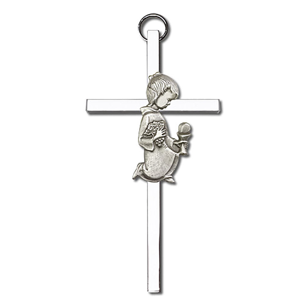 4 inch Antique Silver Communion Girl on a Polished Silver Finish Cross - 4420S/S