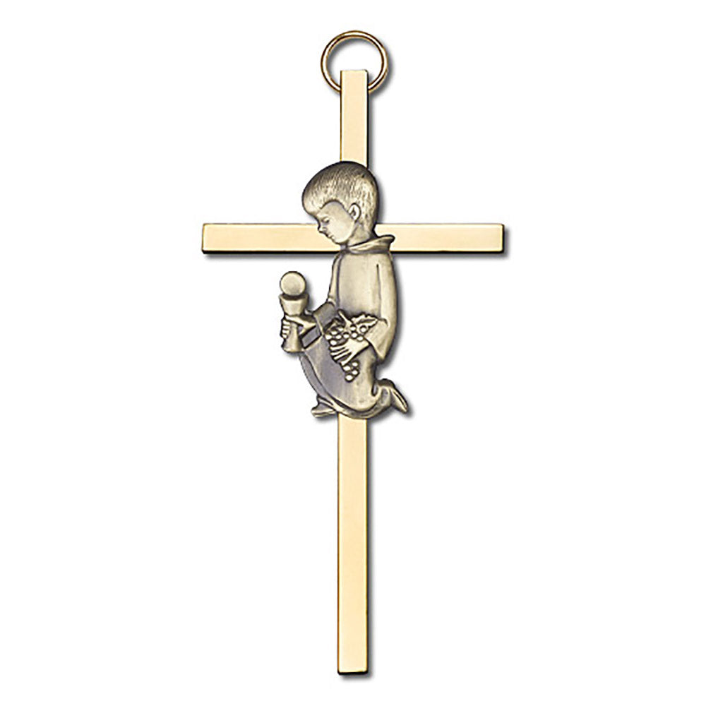 4 inch Antique Gold Communion Boy on a Polished Brass Cross - 4430G/G