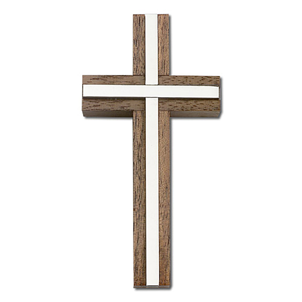 4 inch Plain Crucifix, Walnut w/ Antique Silver inlay - 4455S