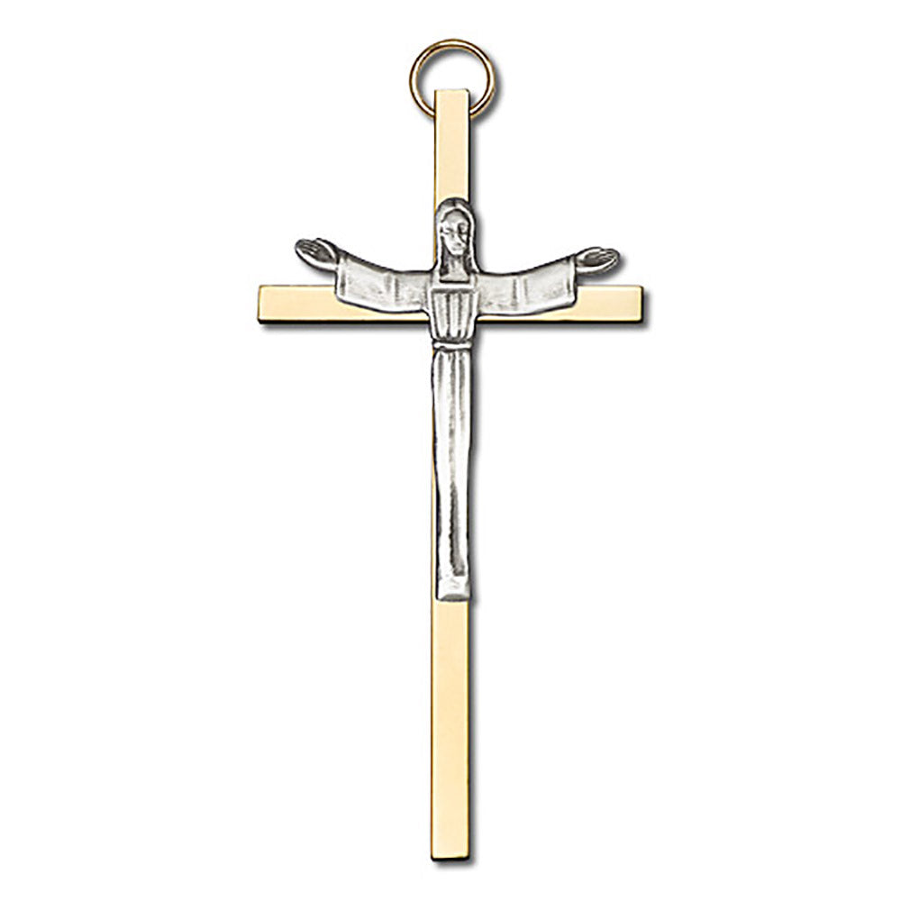 4 inch Antique Silver Risen Christ on a Polished Brass Cross - 4465S/G