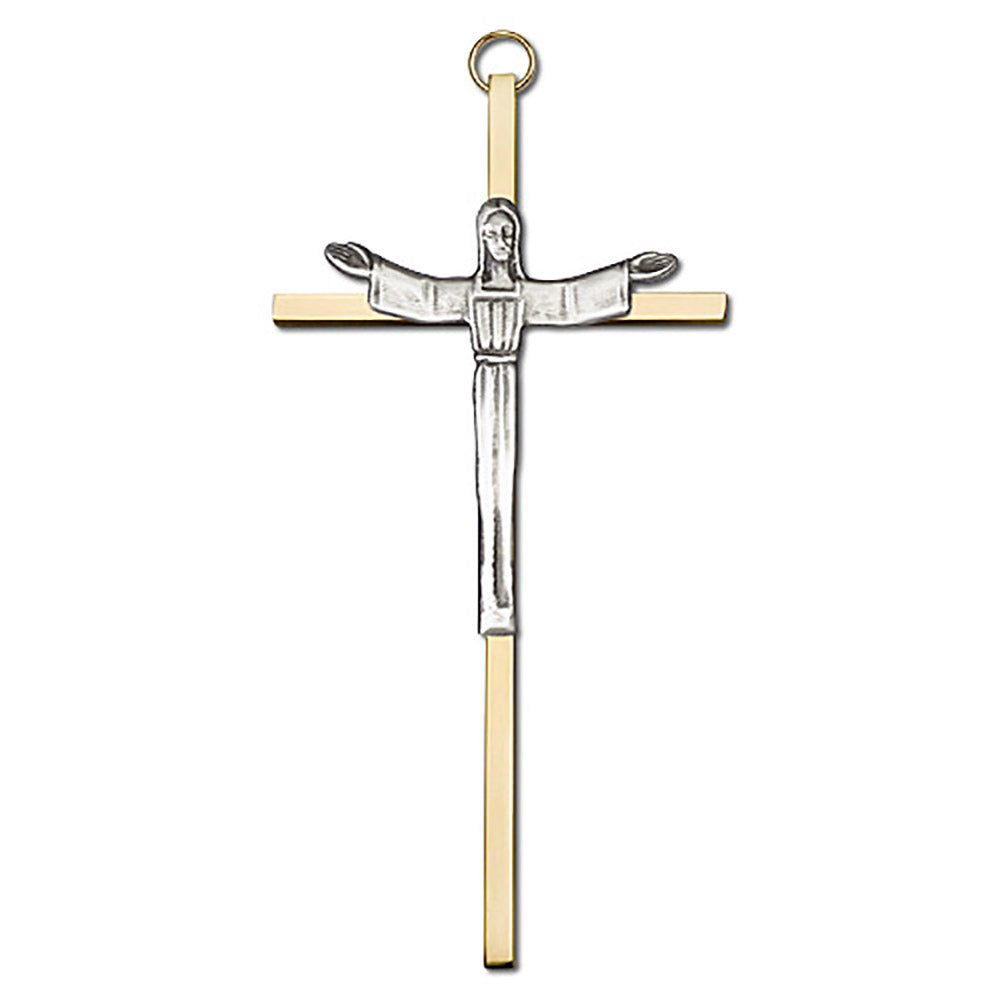 6 inch Antique Silver Risen Christ on a Polished Brass Cross - 4565S/G