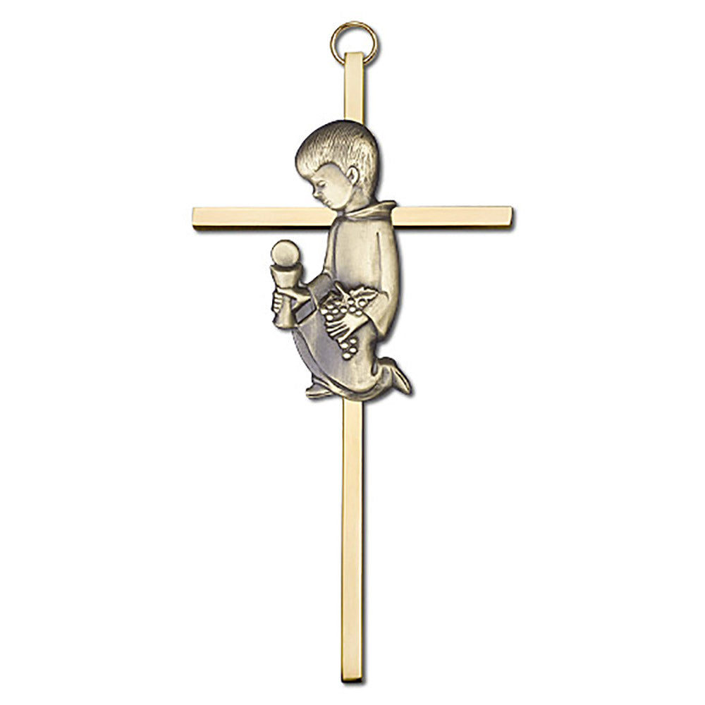 6 inch Antique Gold Communion Boy on a Polished Brass Cross - 4610G/G