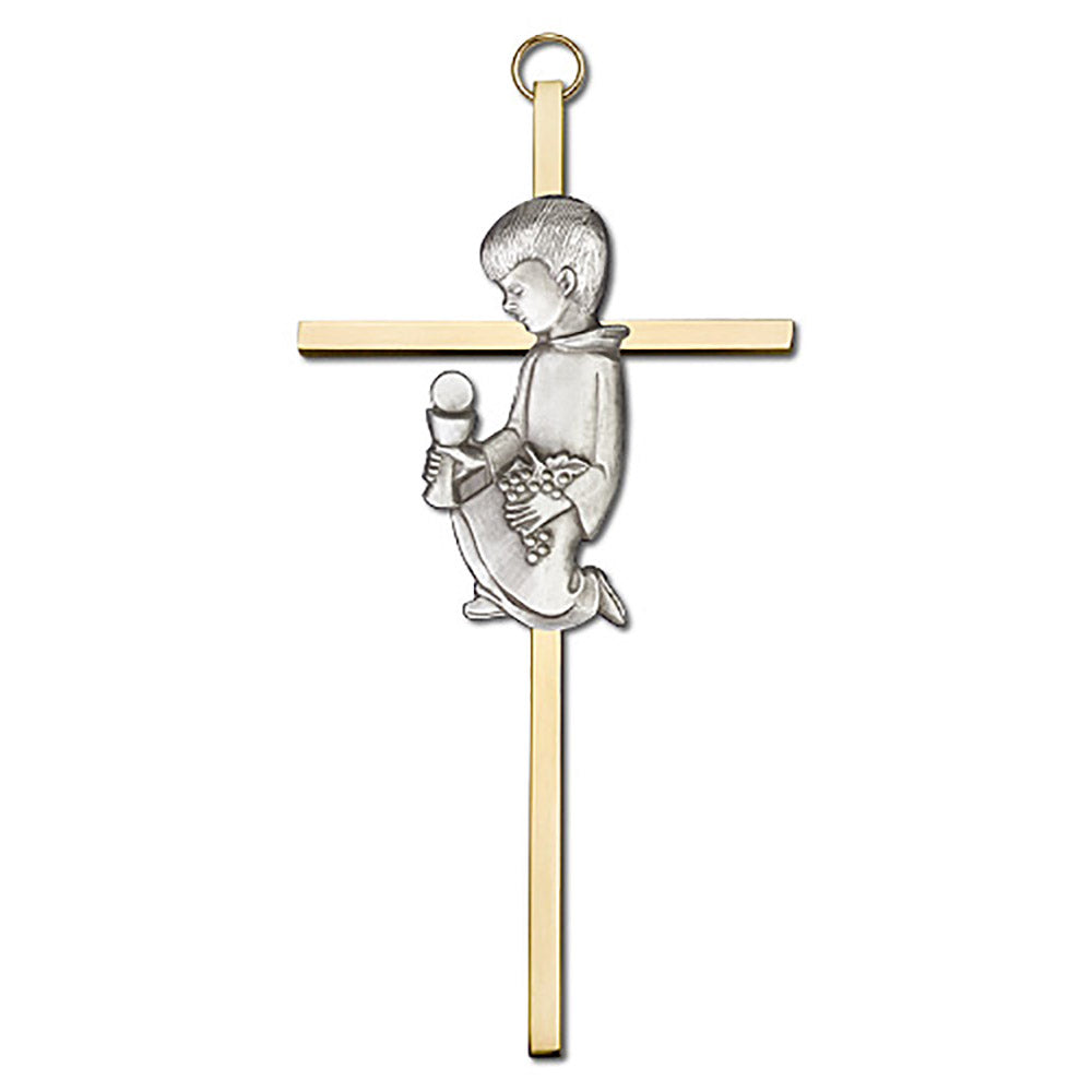 6 inch Antique Silver Communion Boy on a Polished Brass Cross - 4610S/G