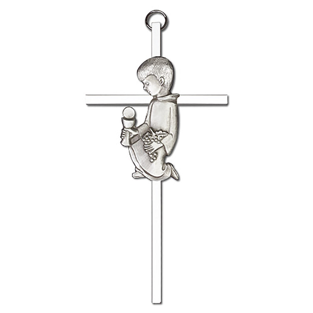 6 inch Antique Silver Communion Boy on a Polished Silver Finish Cross - 4610S/S