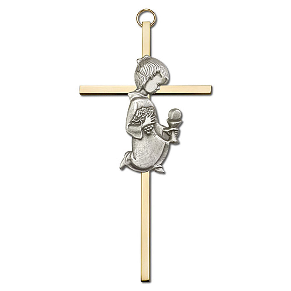6 inch Antique Silver Communion Girl on a Polished Brass Cross - 4630S/G
