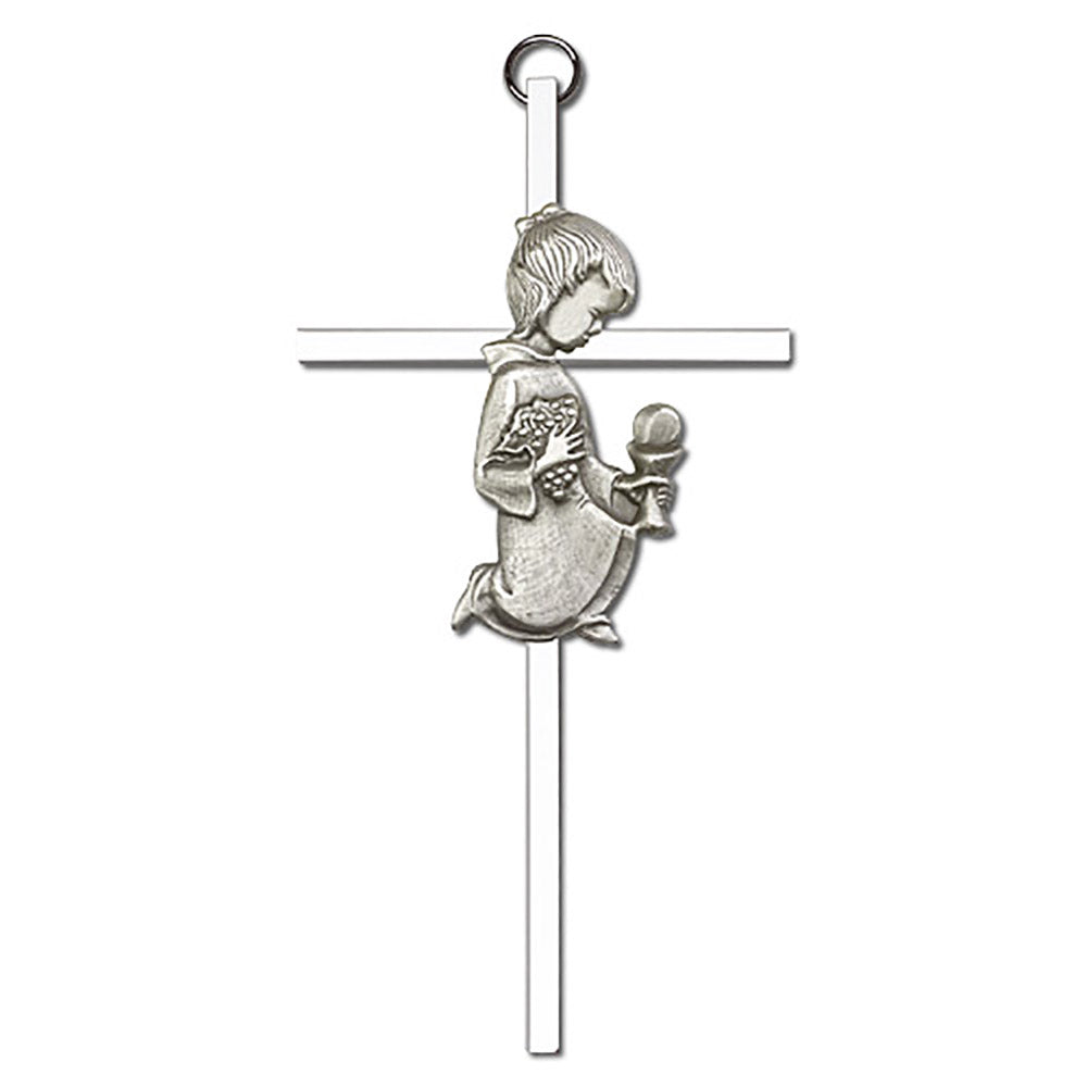6 inch Antique Silver Communion Girl on a Polished Silver Finish Cross - 4630S/S
