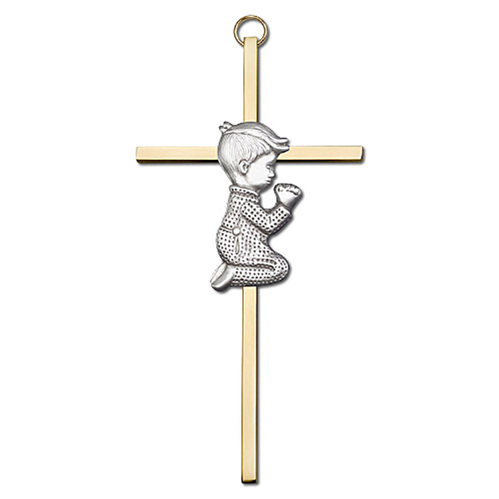 6 inch Antique Gold Praying Boy on a Polished Brass Cross - 4660G/G