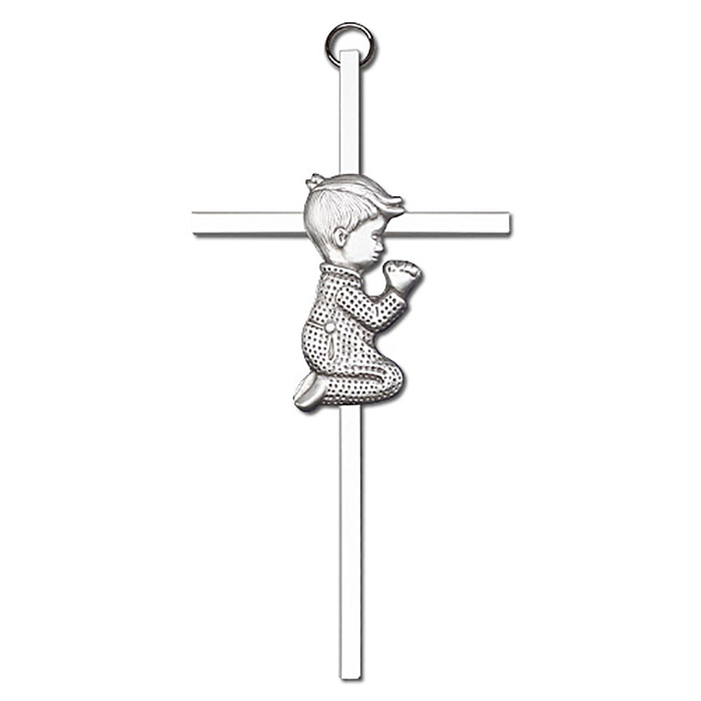 6 inch Antique Silver Praying Boy on a Polished Silver Finish Cross - 4660S/S