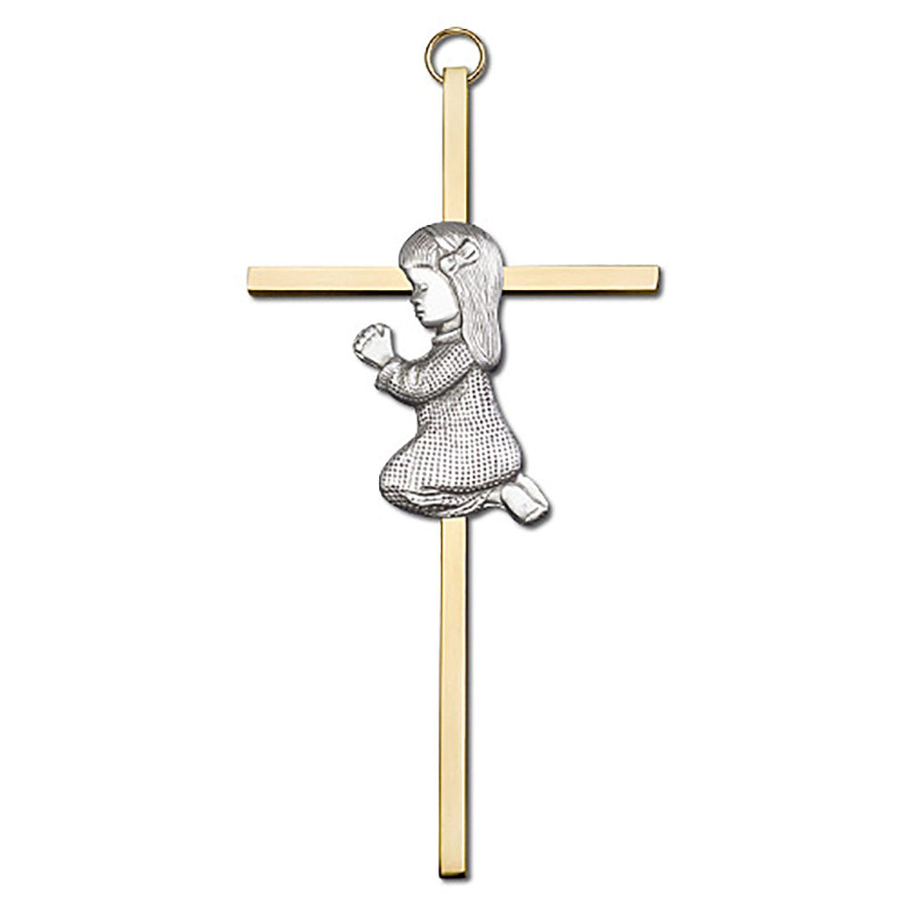 6 inch Antique Gold Praying Girl on a Polished Brass Cross - 4690G/G