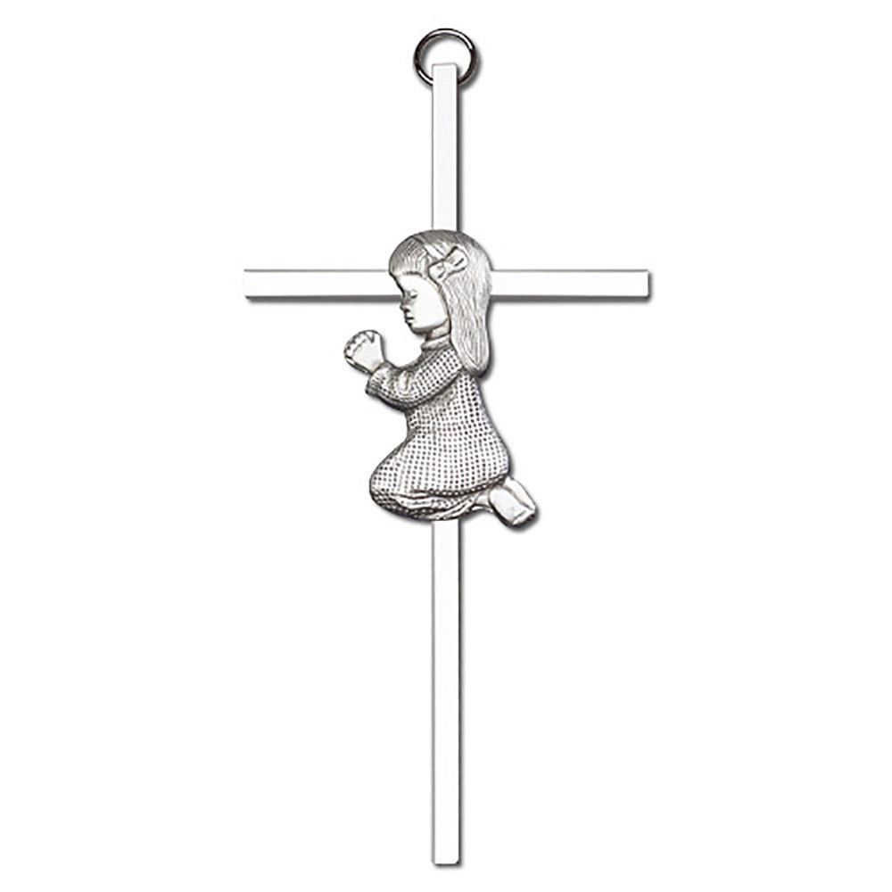 6 inch Antique Silver Praying Girl on a Polished Silver Finish Cross - 4690S/S