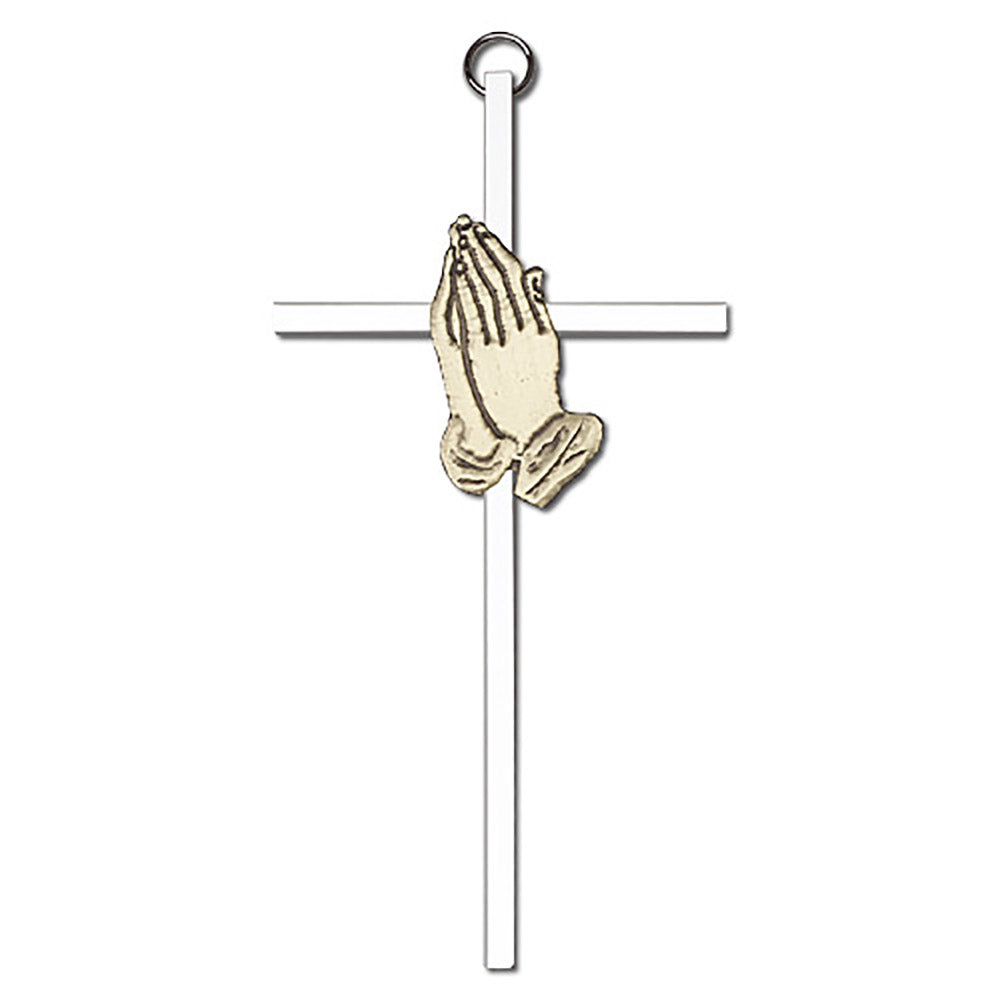 6 inch Antique Gold Praying Hands on a Polished Silver Finish Cross - 4691G/S