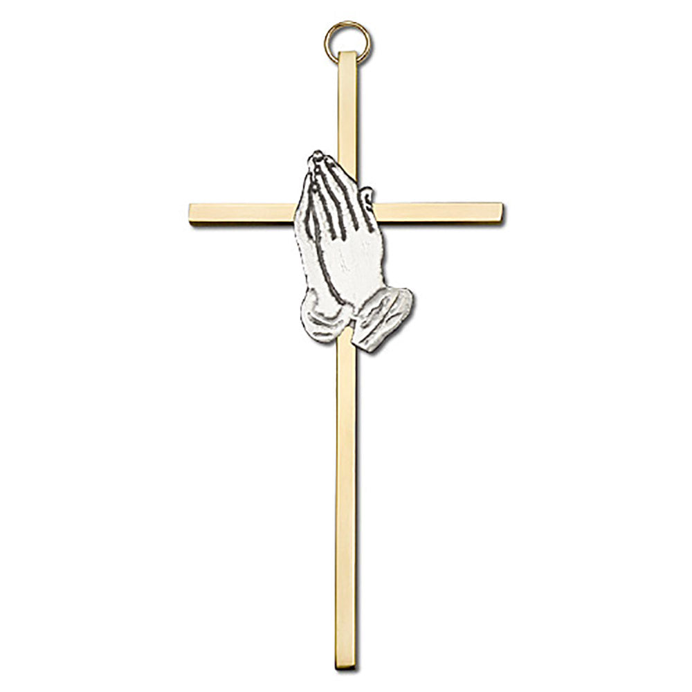 6 inch Antique Gold Praying Hands on a Polished Brass Cross - 4691G/G