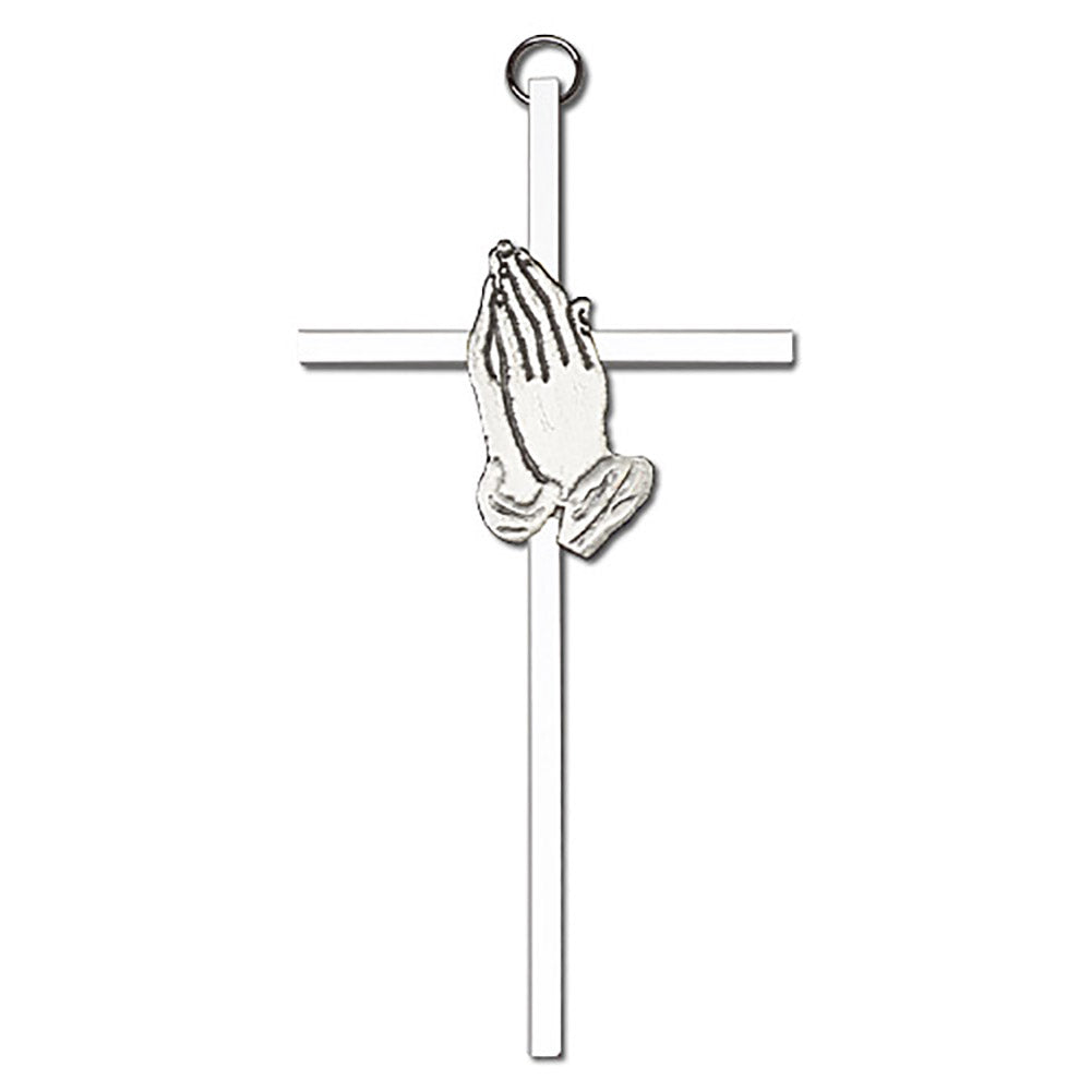 6 inch Antique Silver Praying Hands on a Polished Silver Finish Cross - 4691S/S