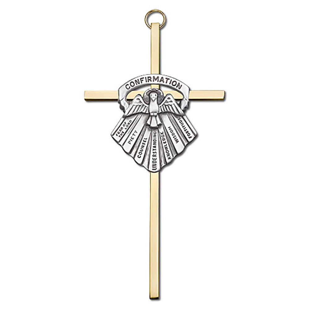 6 inch Antique Silver Confirmation on a Polished Brass Cross - 4697S/G