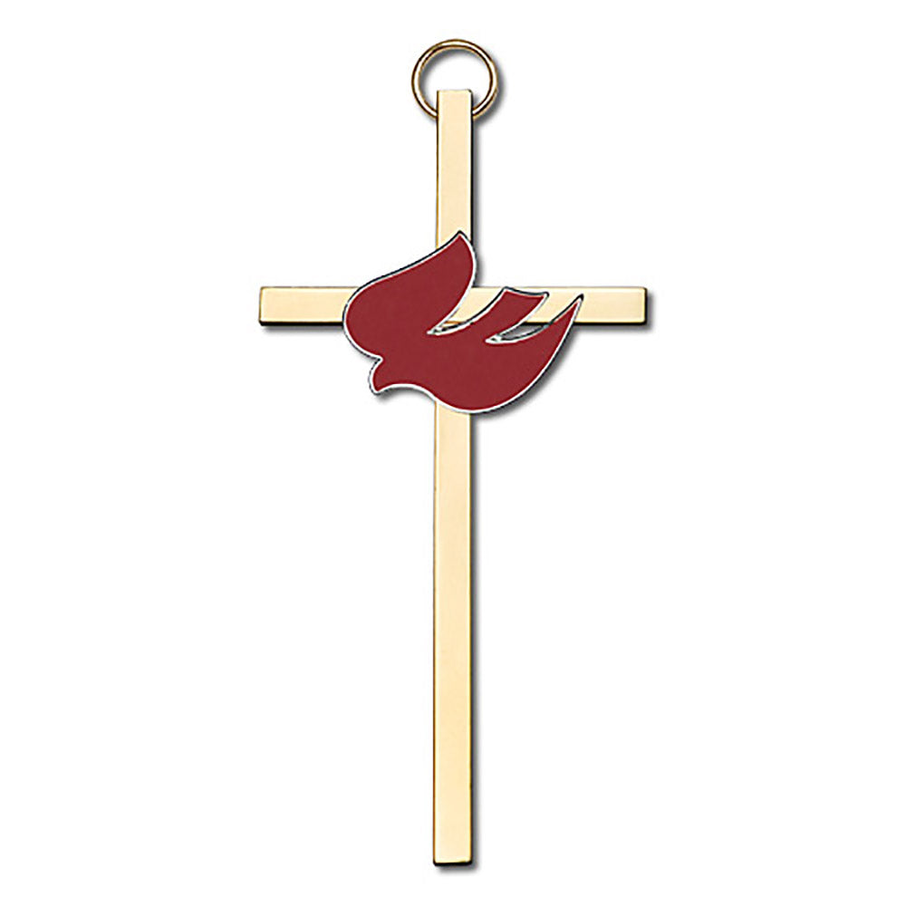 4 inch Polished Brass Red Enamel Holy Spirit on a Polished Brass Cross - 4810G/G