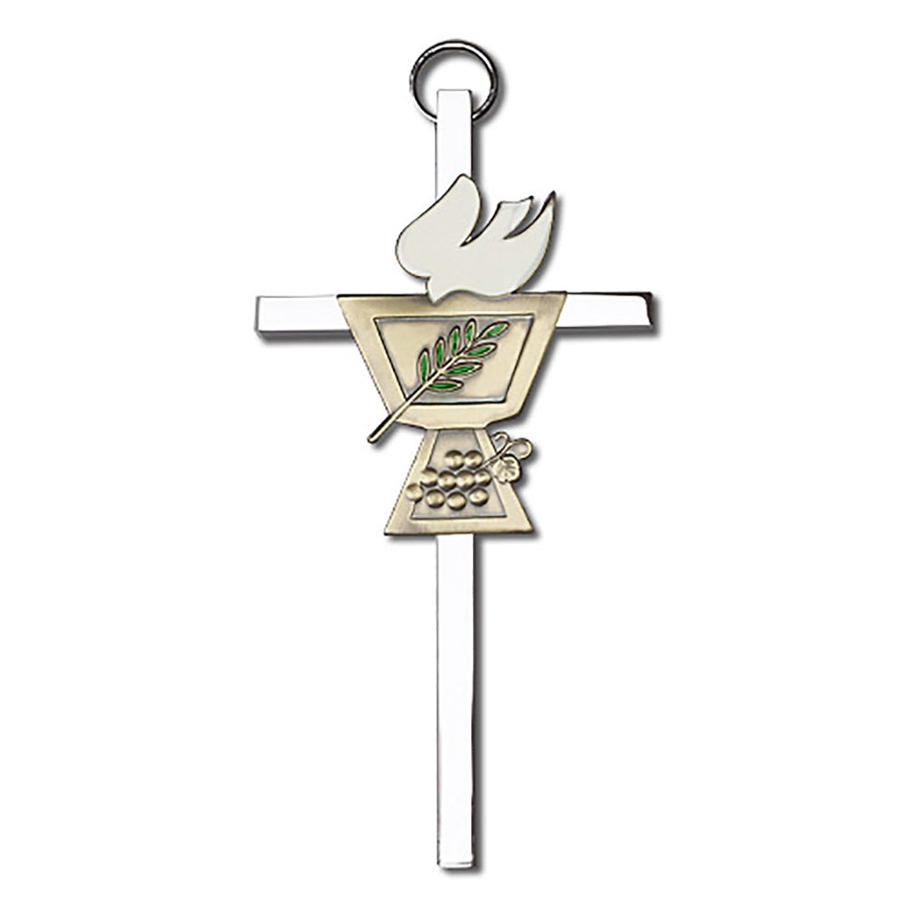 4 inch Antique Gold Confirmation Chalice on a Polished Silver Finish Cross - 4820G/S