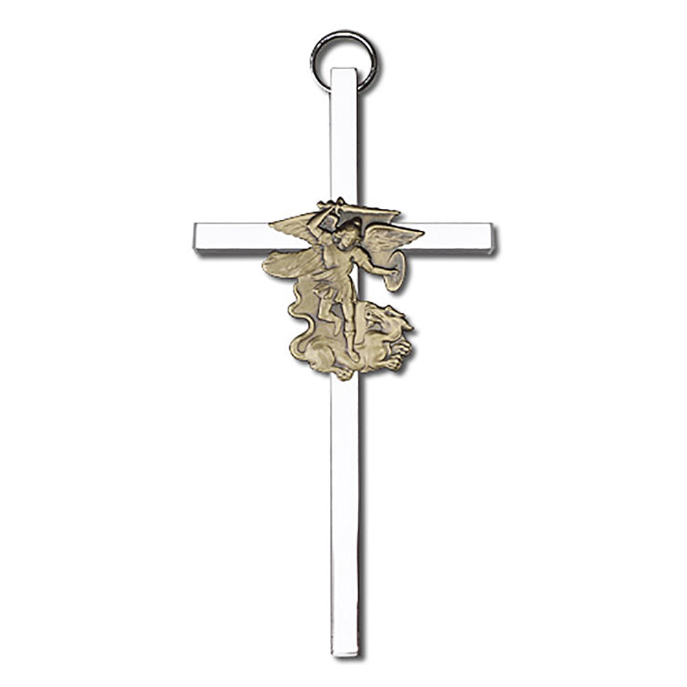 4 inch Antique Gold St. Michael on a Polished Silver Finish Cross - 4845G/S