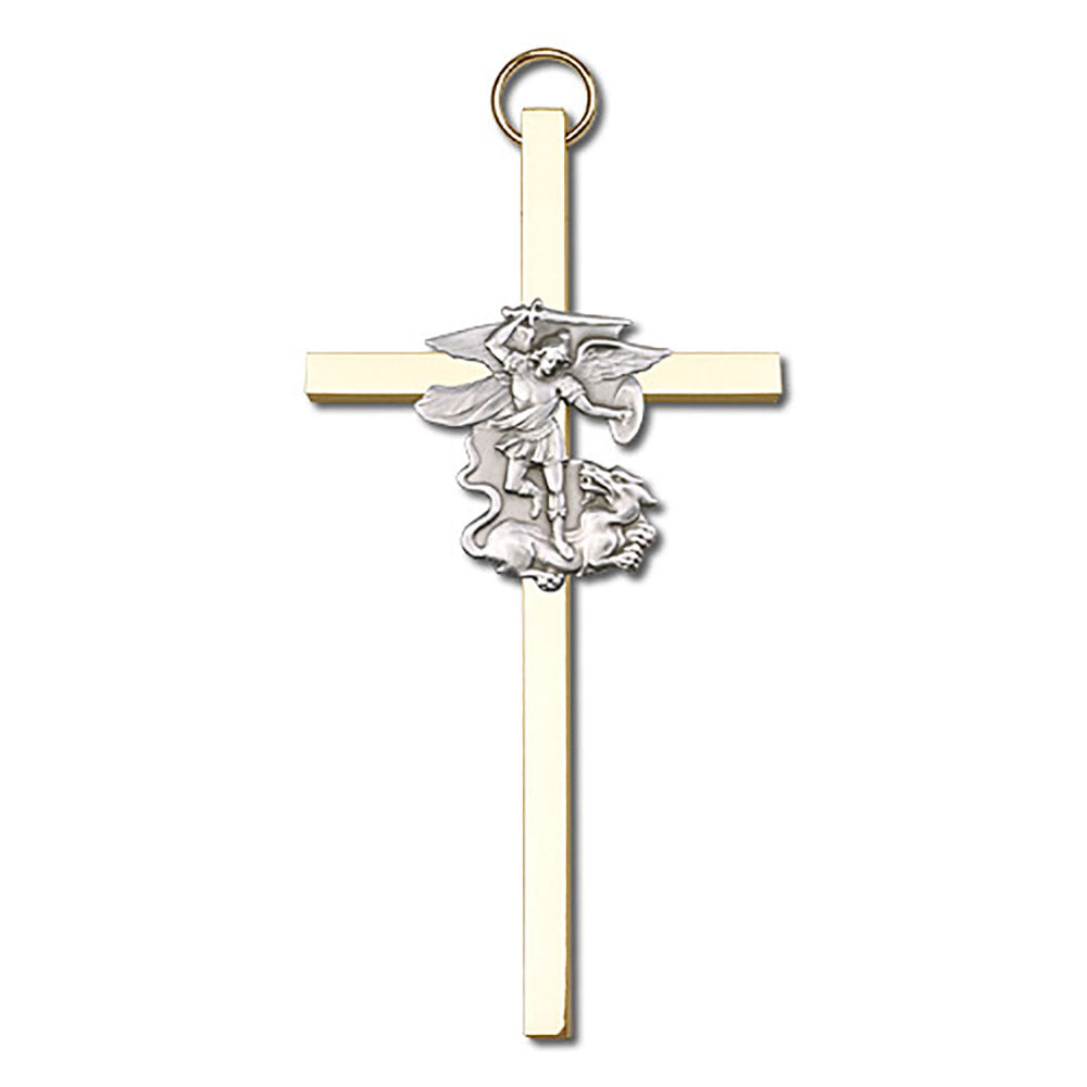 4 inch Antique Silver St. Michael on a Polished Brass Cross - 4845S/G