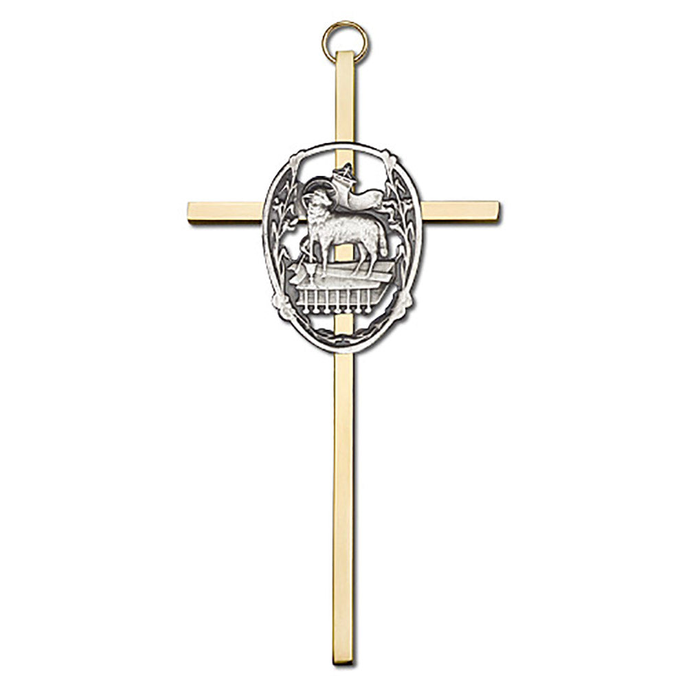 6 inch Antique Gold Lamb of God on a Polished Brass Cross - 4915G/G