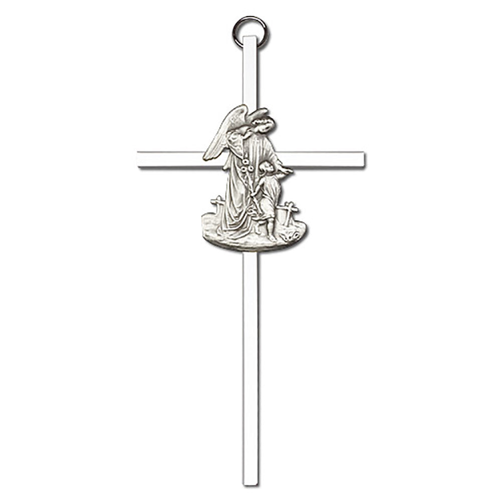 6 inch Antique Silver Guardian Angel on a Polished Silver Finish Cross - 4925S/S
