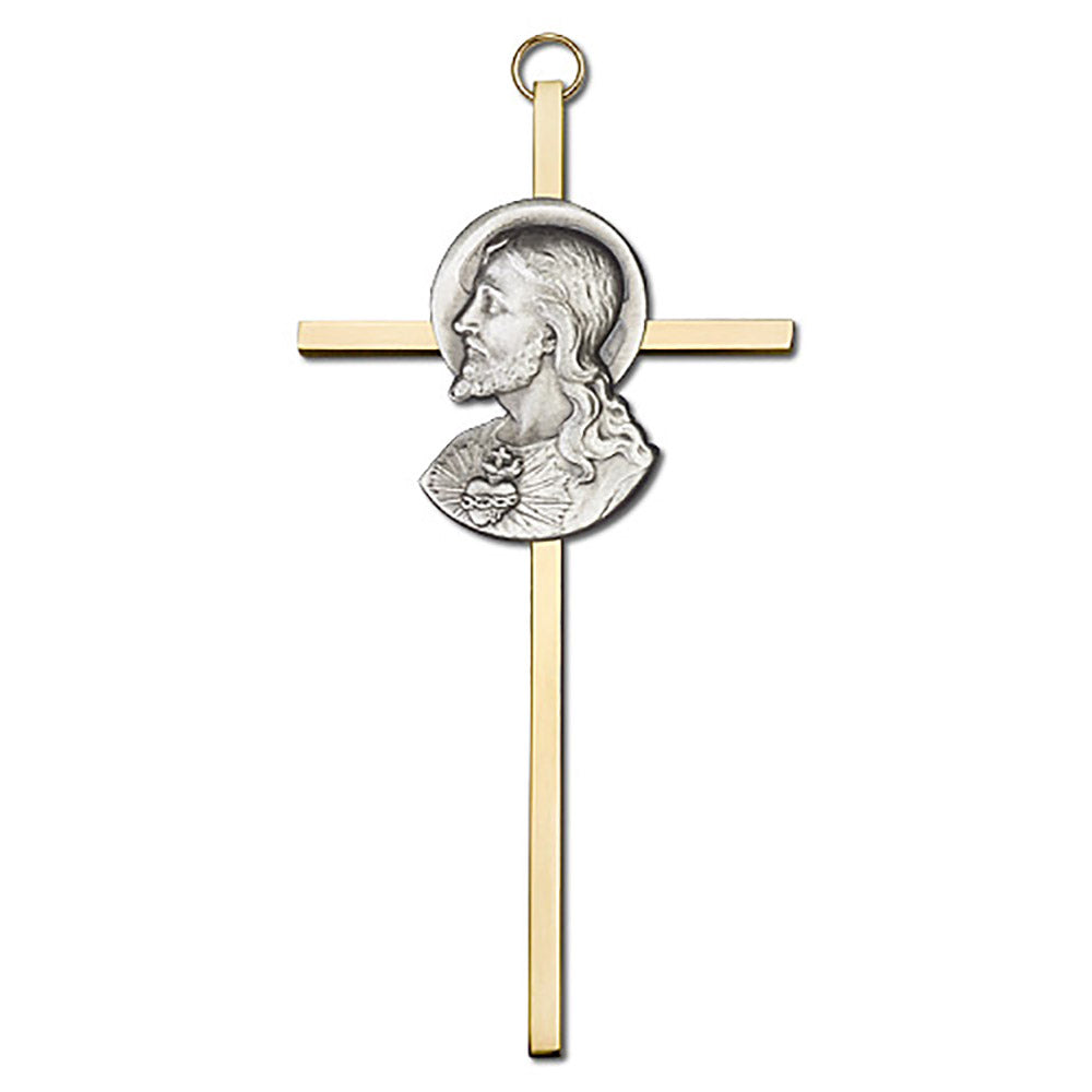 6 inch Antique Silver Sacred Heart on a Polished Brass Cross - 4950S/G