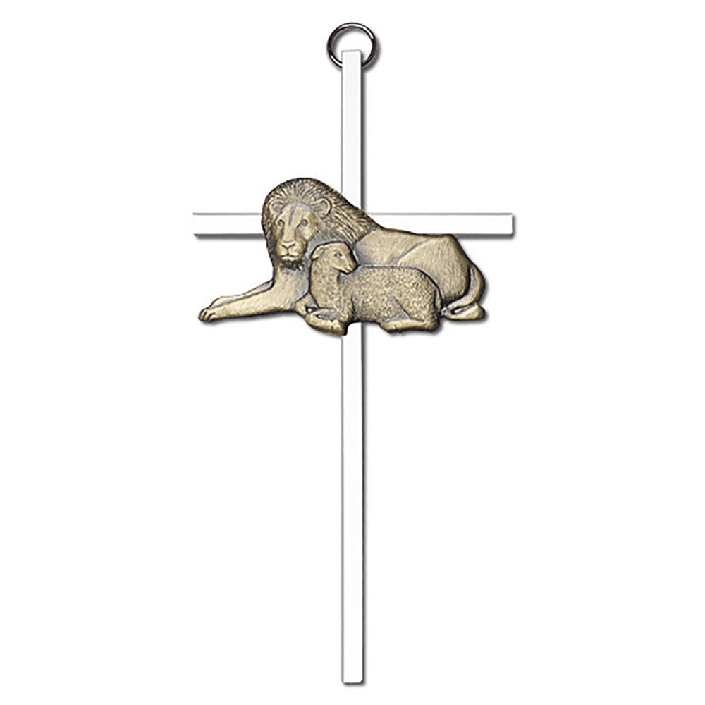 6 inch Antique Gold Lion & Lamb on a Polished Silver Finish Cross - 4955G/S