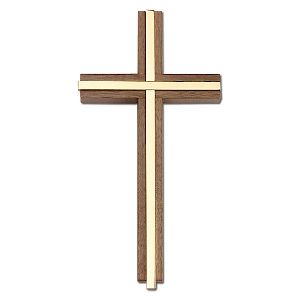 6 inch Plain Crucifix, Walnut w/ Polished Brass inlay - 5000G