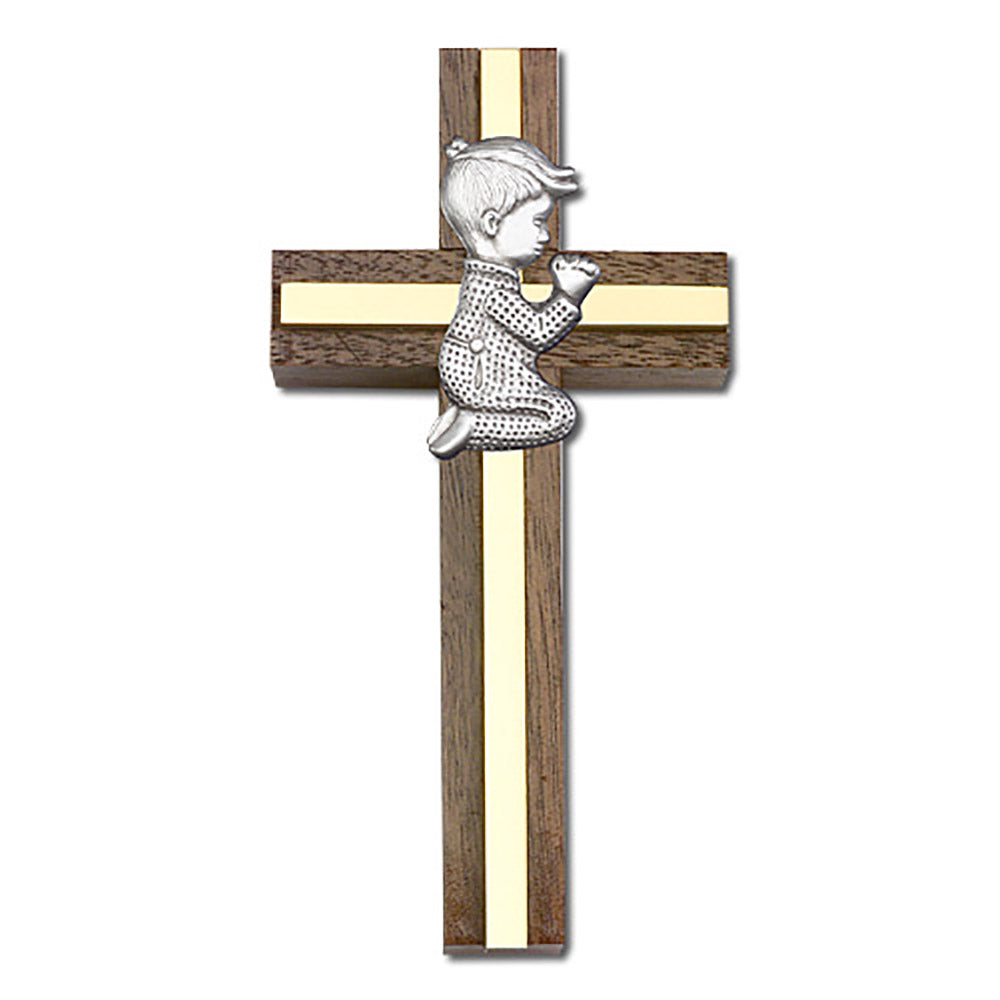 4 inch Praying Boy Cross, Walnut w/ Antique Silver inlay - 5012S/G