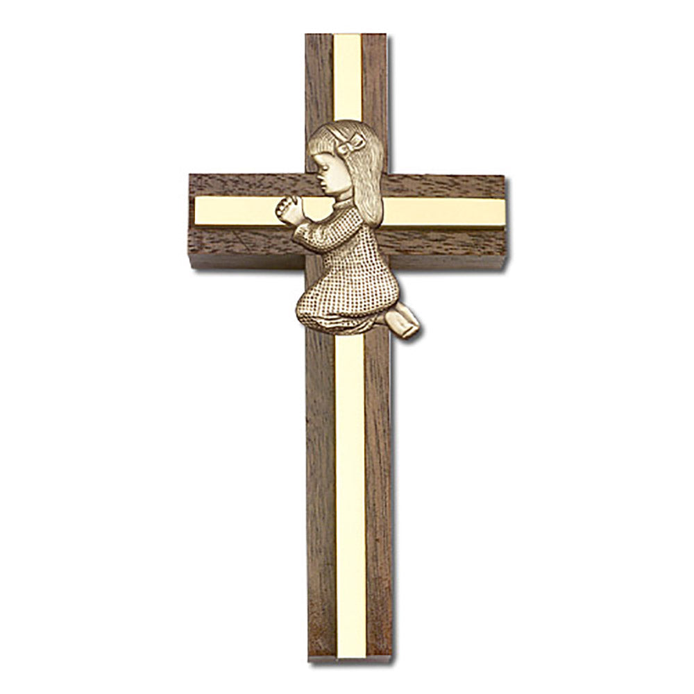 4 inch Praying Girl Cross, Walnut w/ Antique Gold inlay - 5013G/G