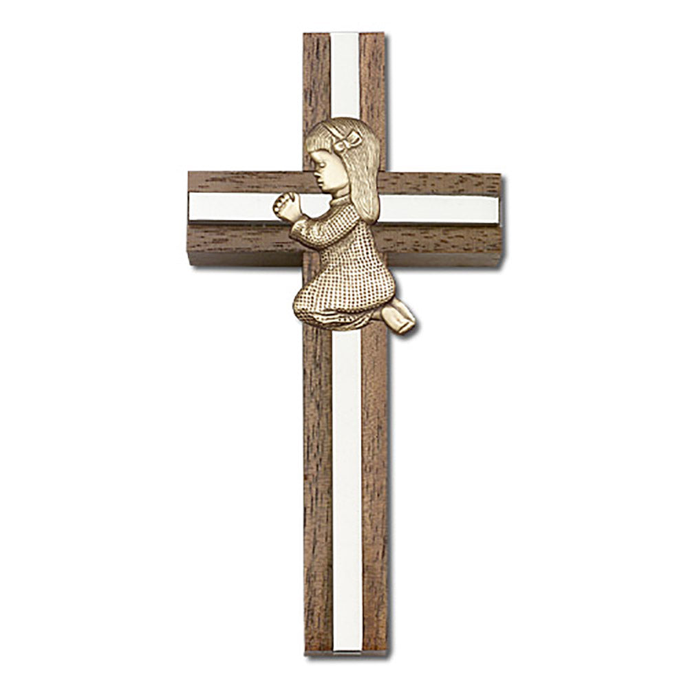 4 inch Praying Girl Cross, Walnut w/ Antique Gold inlay - 5013G/S