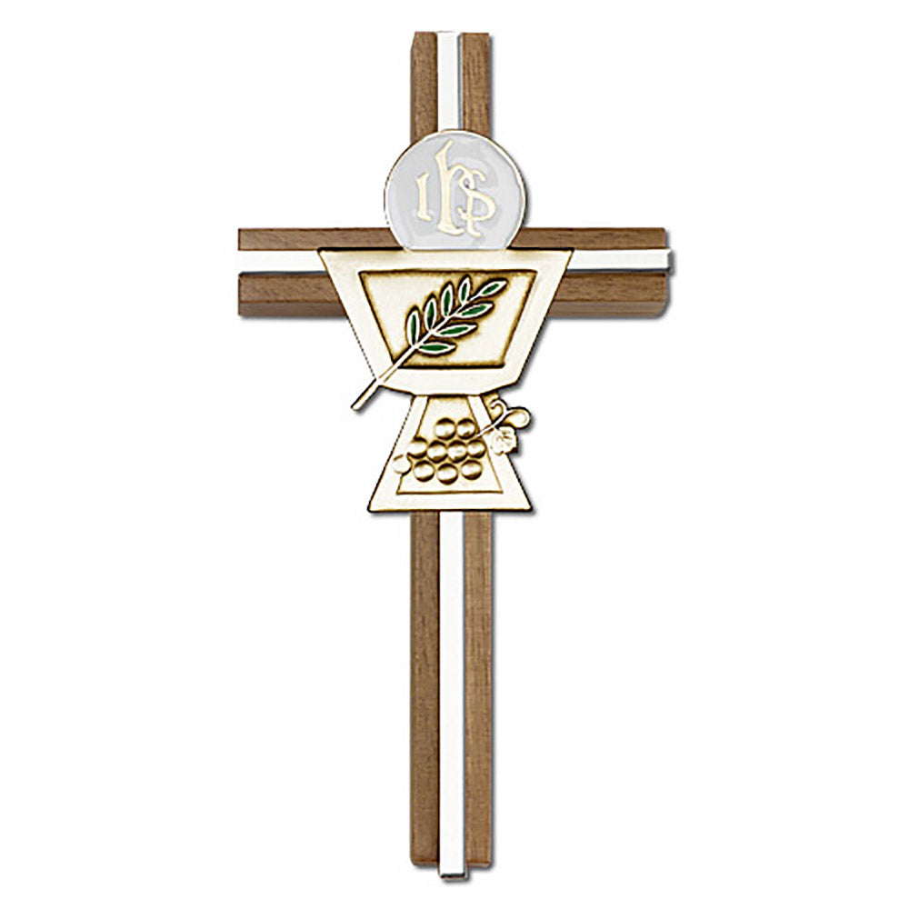 6 inch Enameled Communion Chalice Cross, Walnut w/ Antique Gold inlay - 5035G/S