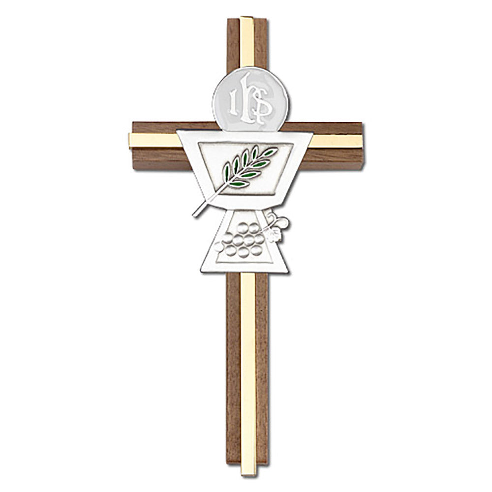 6 inch Enameled Communion Chalice Cross, Walnut w/ Antique Silver inlay - 5035S/G