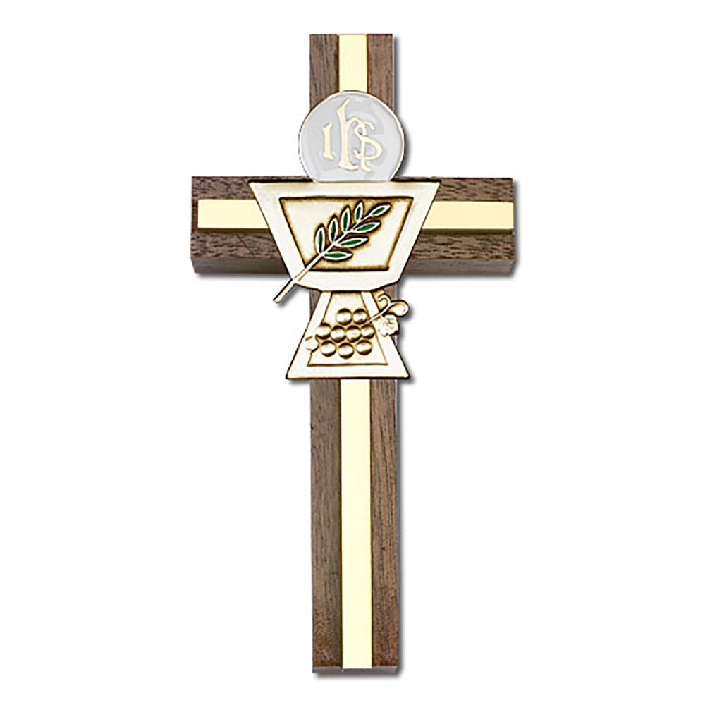 4 inch Enameled Communion Chalice Cross, Walnut w/ Antique Gold inlay - 5036G/G