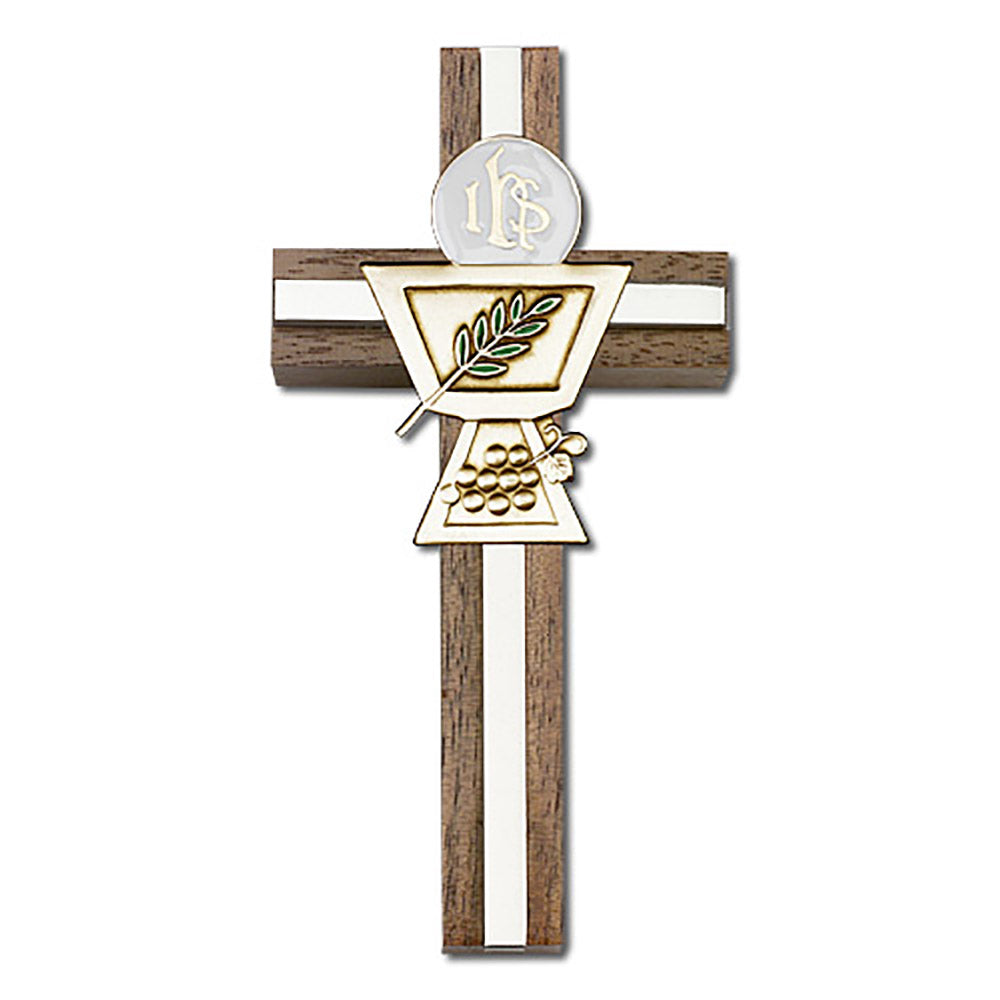 4 inch Enameled Communion Chalice Cross, Walnut w/ Antique Gold inlay - 5036G/S